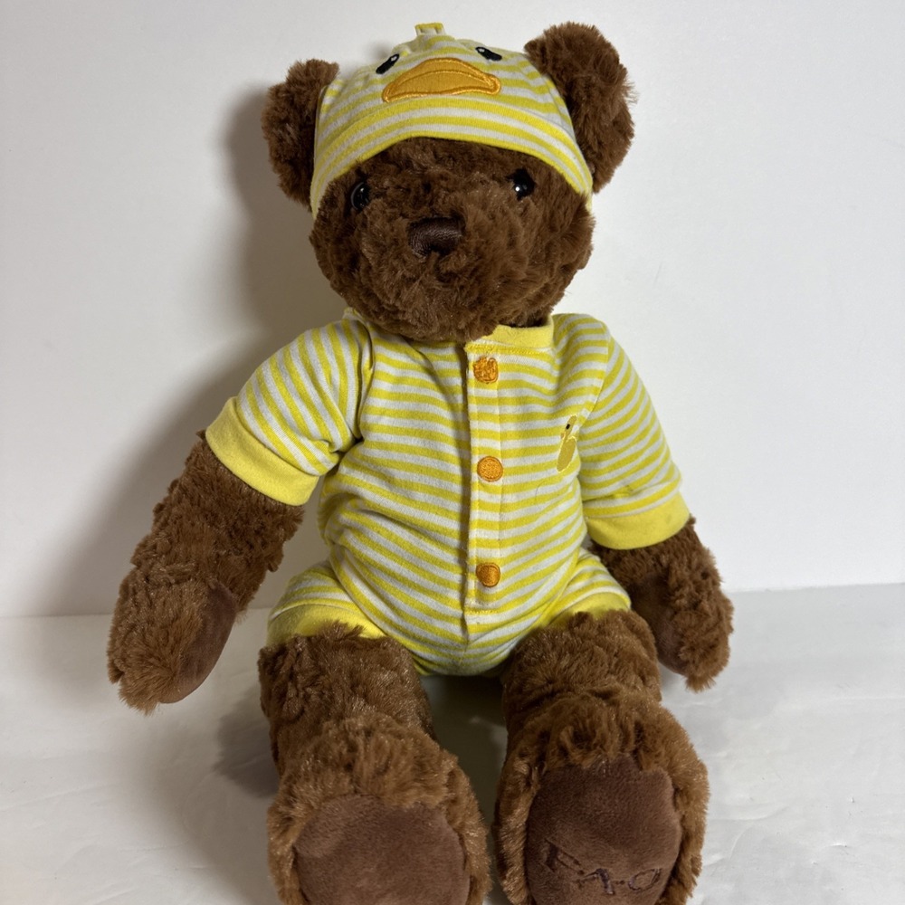 FAO Schwarz Teddy Bear Yellow Duck Outfit 12" Sitting Brown Soft Plush 2016 A267